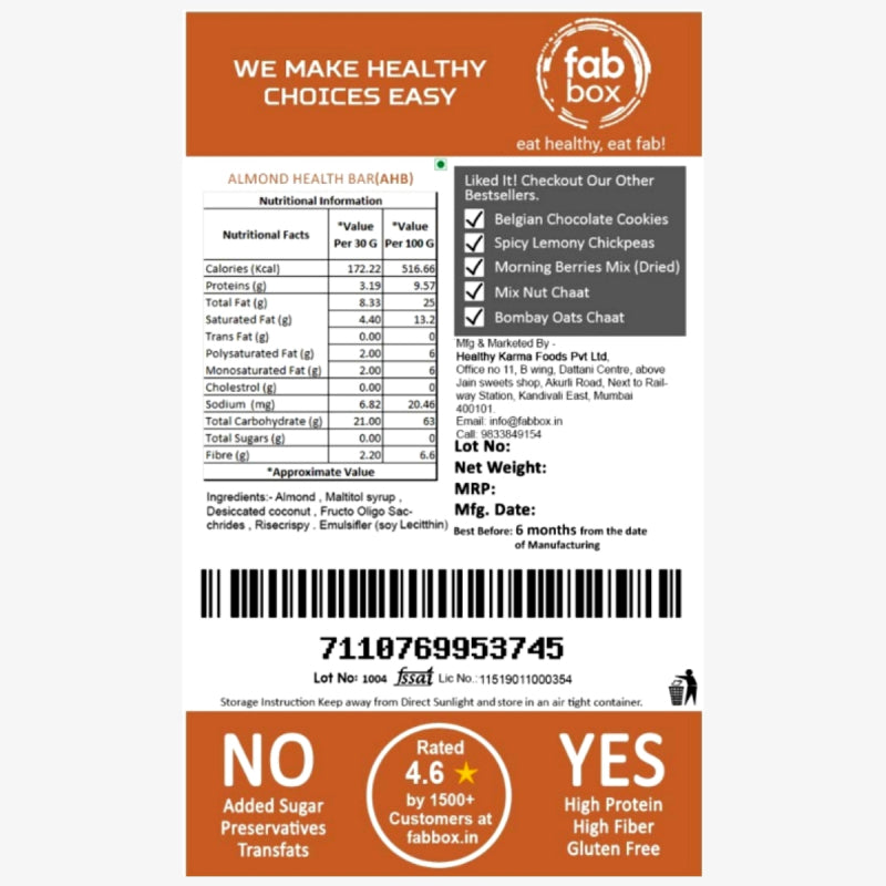FabBox Almond Health Bar (2 Bars) 60 Gm