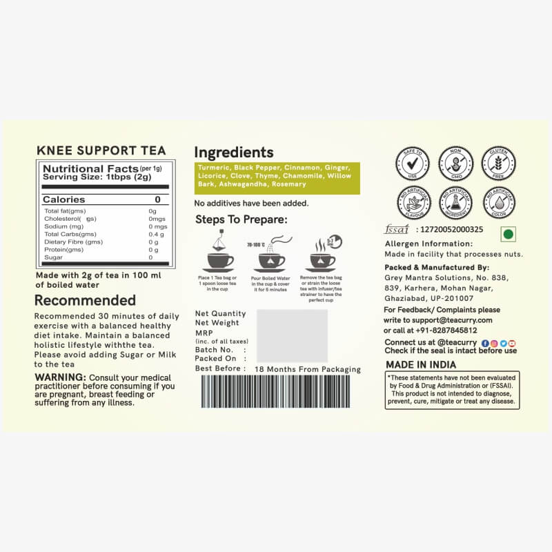Teacurry Knee Support Tea (1 Month Pack | 30 Tea Bags) - Helps With Knee Pain, Osteoporosis, Strong Bones - Tea For Bones