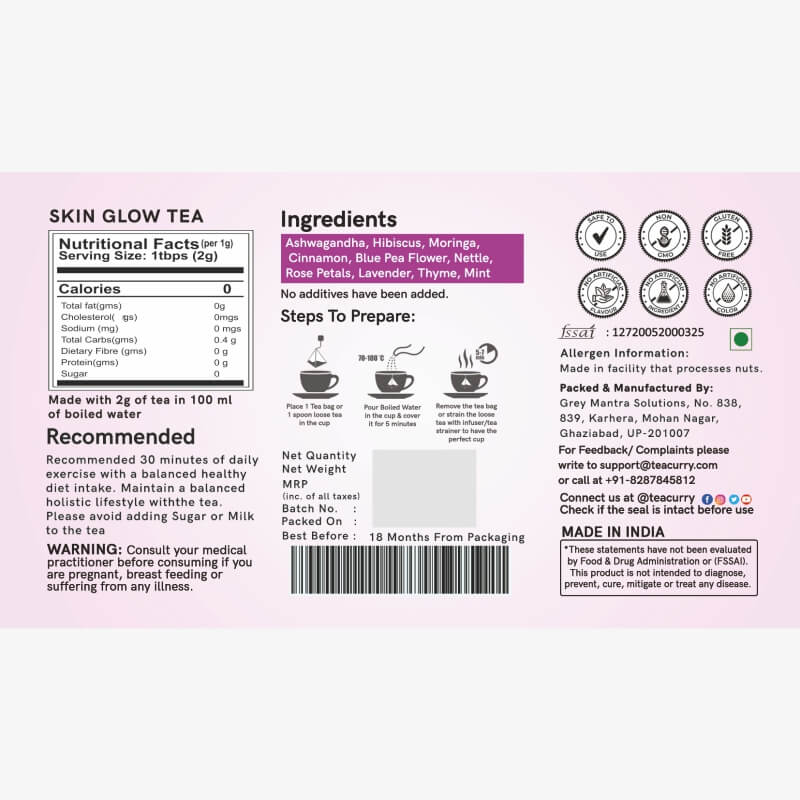 Teacurry Skin Glow Tea (1 Month Pack | 30 Tea Bags) - Helps In Skin Nourishment, Hydration & Detoxification